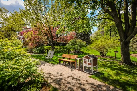 Garden path beside a wooden bench, trees, flowering shrubs and a small wooden hutch
