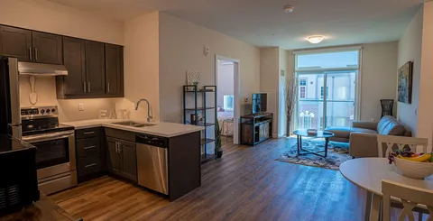 Suite with a kitchenette and furnished living area.