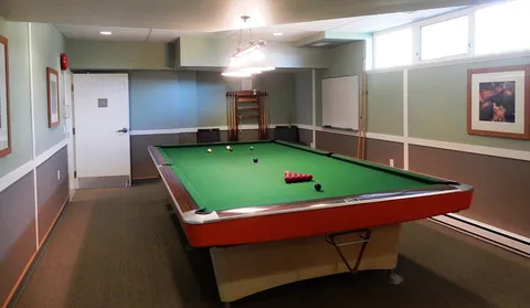 Games room with a green billiards table, cues and framed floral artwork.