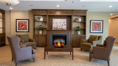 Lounge with armchairs, a fireplace and wooden bookcases.
