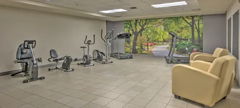 Fitness room with exercise machines, armchairs and a woodland mural