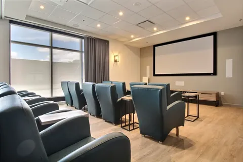 Cinema room with blue armchairs facing a blank screen.
