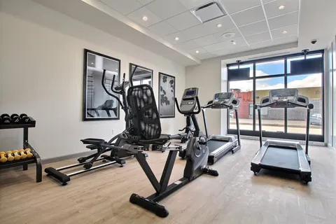 Fitness room with treadmills, exercise machines and weights.