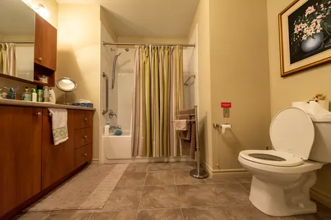 Bathroom with a shower curtain, toilet, wooden vanity and framed flower artwork
