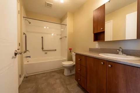 Bathroom with a bath, toilet, washbasin and wooden vanity