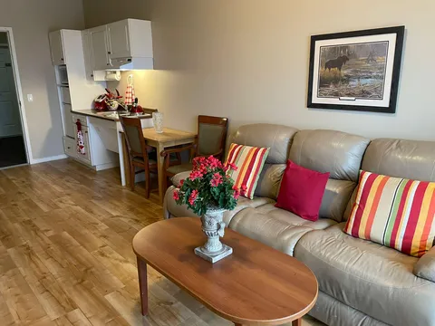 Suite living area with a sofa beside a kitchenette.