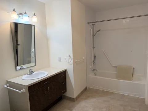 Bathroom with vanity, bathtub, shower and grab bars.