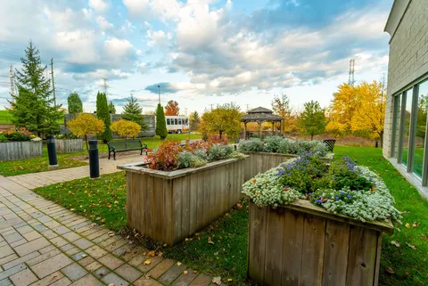 Raised flower planters beside a brick path, benches and a gazebo