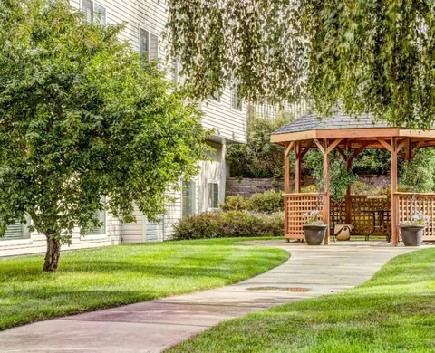 Lawn and curved path leading to a wooden gazebo.