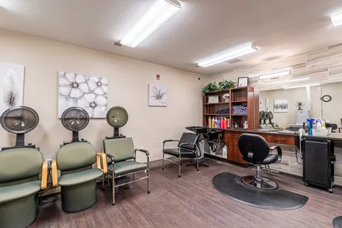 Salon with styling chairs, hooded dryers, mirrors and a sink