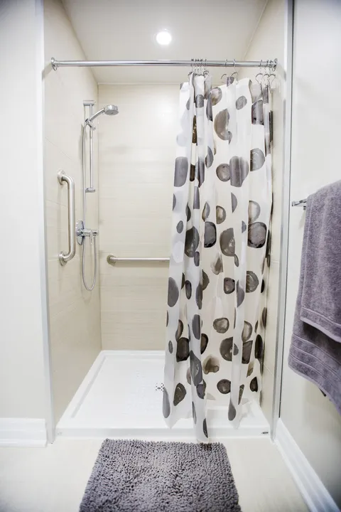 Shower with grab rails, a patterned curtain and a floor mat