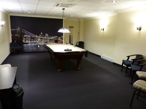 Billiards room with a pool table, chairs and a bridge mural.