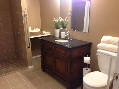 Bathroom with a tiled shower, wooden vanity and toilet.