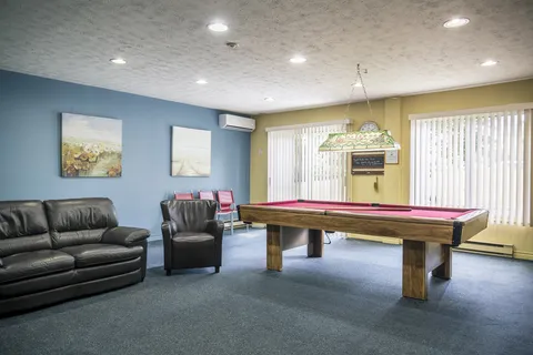 Games room with a pool table and leather sofas.
