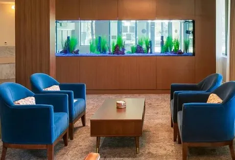 Lounge chairs and coffee table beside a built-in aquarium.