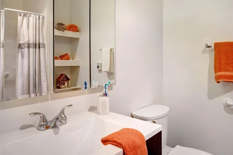 Suite bathroom with a sink, mirror, toilet and shower curtain.
