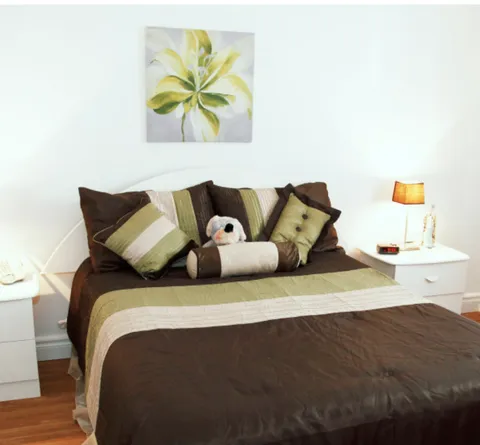 Bedroom with a bed, cushions and bedside table.