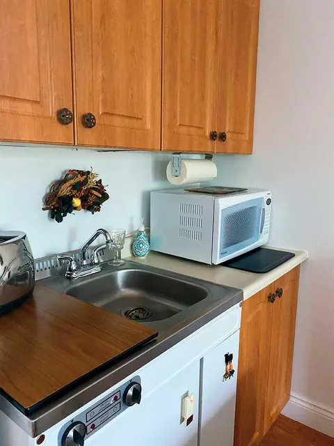 Kitchenette with wooden cabinets, a sink and microwave.