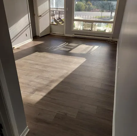 Empty room with wood-look flooring and large windows