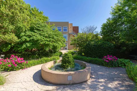 Courtyard with a circular planter, flowering shrubs and paved paths