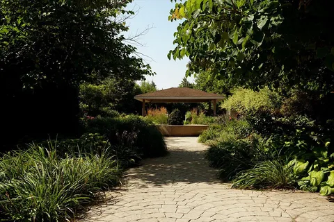 Paved garden path bordered by shrubs leading to a covered patio