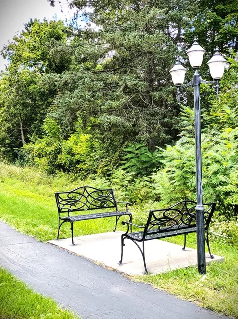 Two benches beside a path, green grass, trees and a lamp post