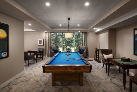 Games room with a billiards table and seating.