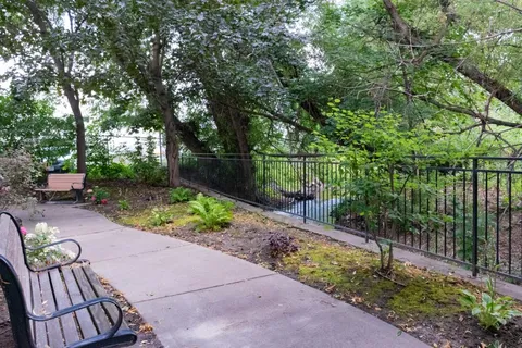 Garden seating area with benches, paths and flowering plants