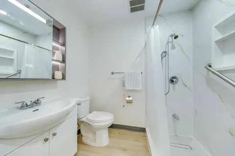 Bathroom with a vanity, mirror, toilet, shower and grab bars.