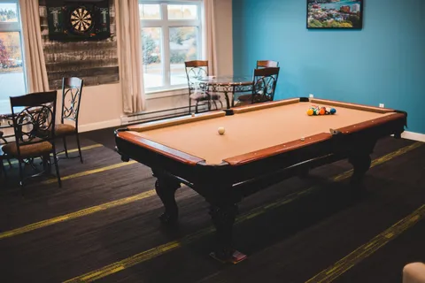 Billiards table beside large windows and a dartboard.