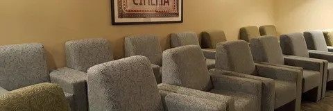 Cinema room with rows of upholstered seats