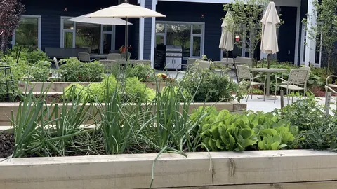 Raised garden beds beside patio tables, chairs and umbrellas
