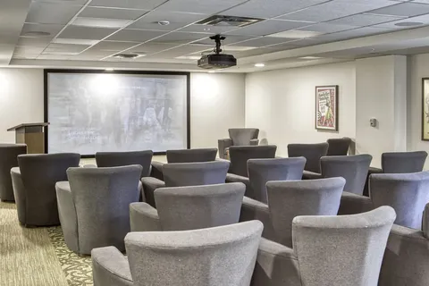 Screening room with rows of upholstered chairs.