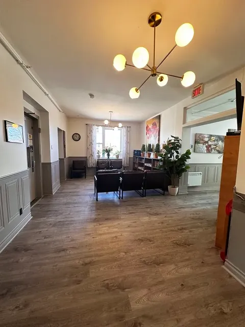 Entrance lounge with armchairs, shelves, potted plants and pendant lights.