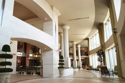 Atrium with tall white columns, large windows, chairs and trimmed potted shrubs