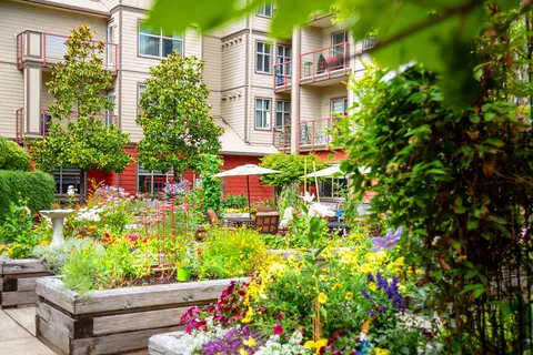 Raised garden beds and flowers in a courtyard surrounded by balconies