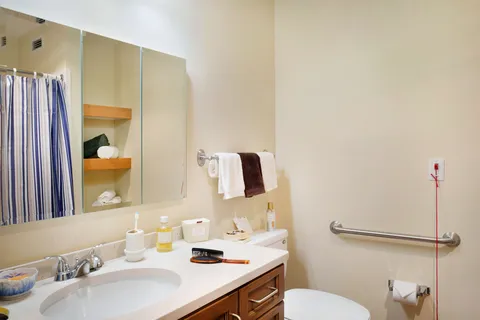 Bathroom with a vanity, toilet, mirror and grab rails.