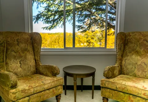Two patterned armchairs beside a round table and a window