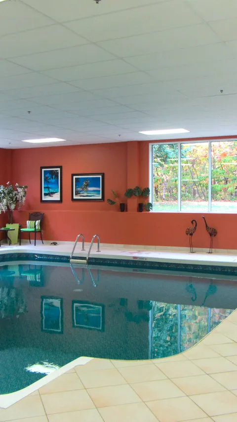 Indoor swimming pool with orange walls, landscape artwork and a large window
