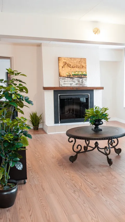 Fireplace with a wooden mantel, framed abstract artwork, potted plants and a round table