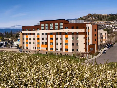Multi-storey orange and cream building beyond rows of planted vines