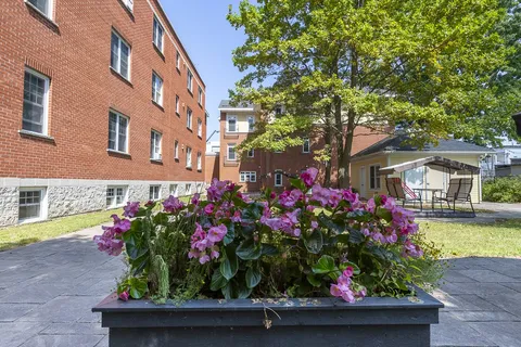 Brick residence beside a paved courtyard and a planter of pink flowers