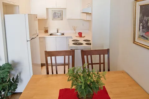 Apartment kitchen with cabinets and a dining counter.