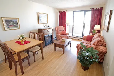 Apartment living room with sofas and a television.