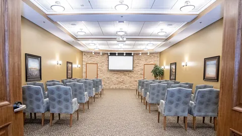 Theatre with rows of armchairs facing a blank projection screen