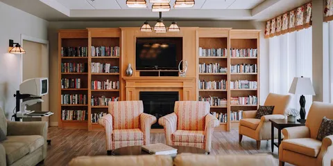 Library with armchairs, a fireplace, bookshelves and a television