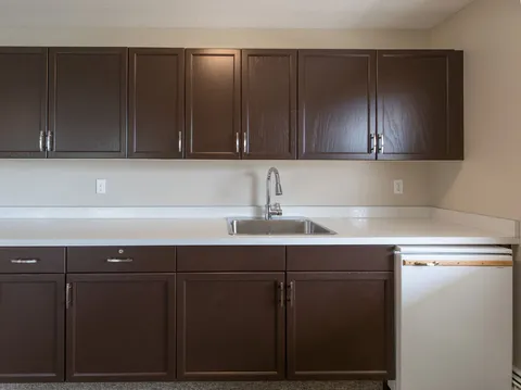 Suite kitchenette with wood cabinets and a sink.