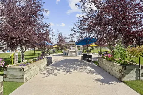 Courtyard walkway with raised flower beds, trees and patio tables
