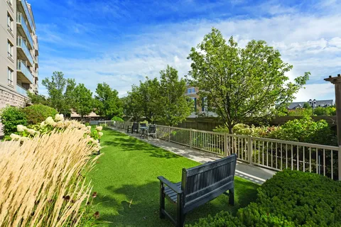 Lawn with benches, a pathway, trees and ornamental grasses