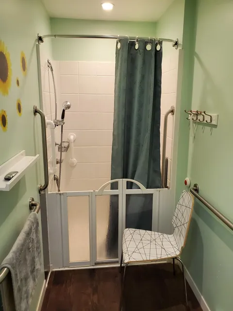 Accessible shower with grab bars, a shower chair and a green curtain.